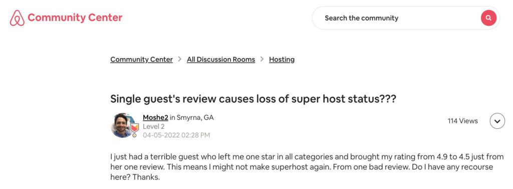 Airbnb community center complaint