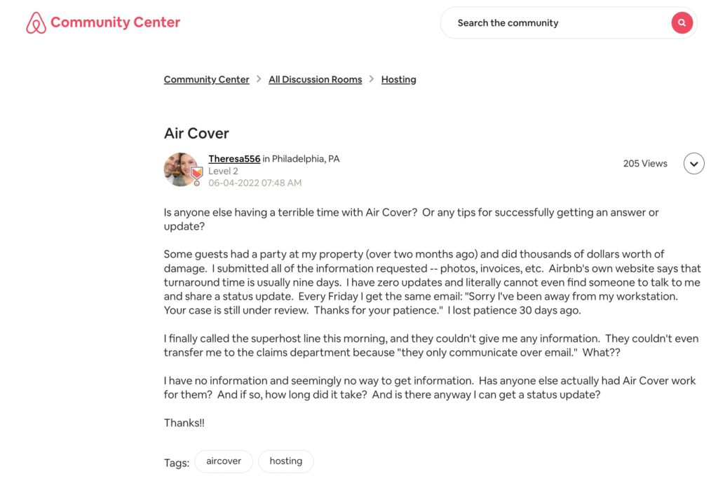 Airbnb community center complaint