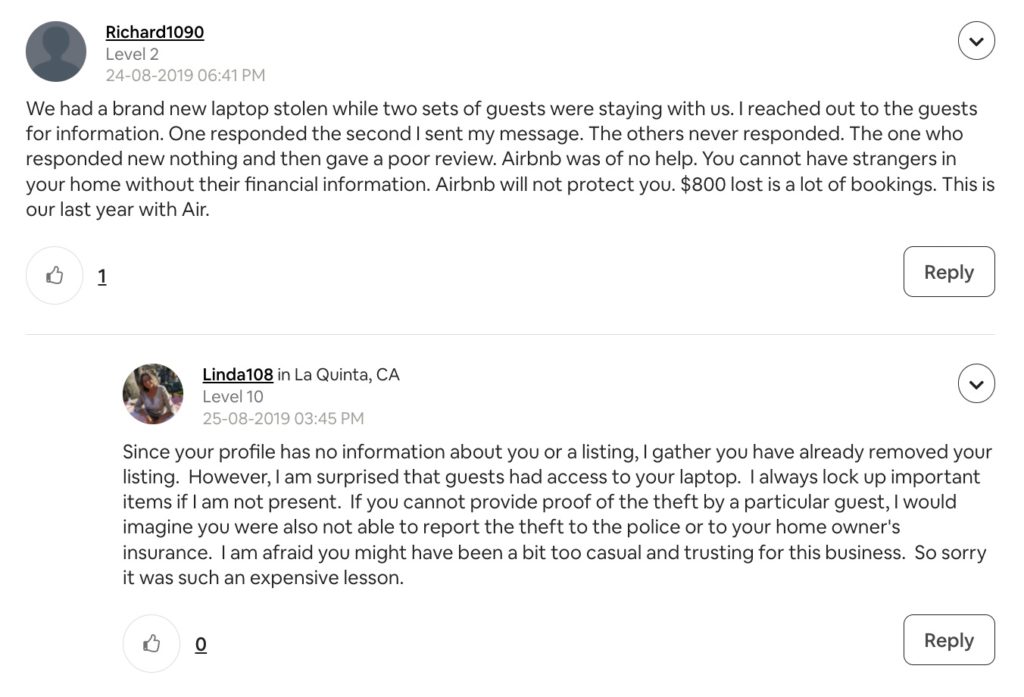 Airbnb community center theft complaint