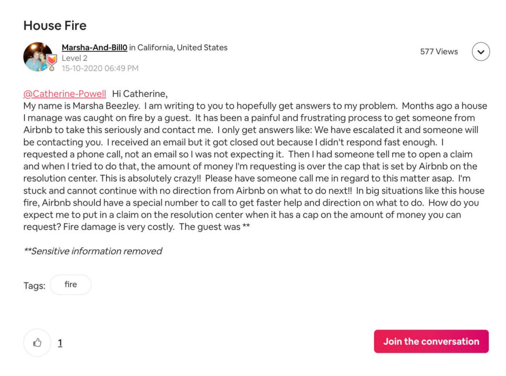 Airbnb community center complaint House Fire