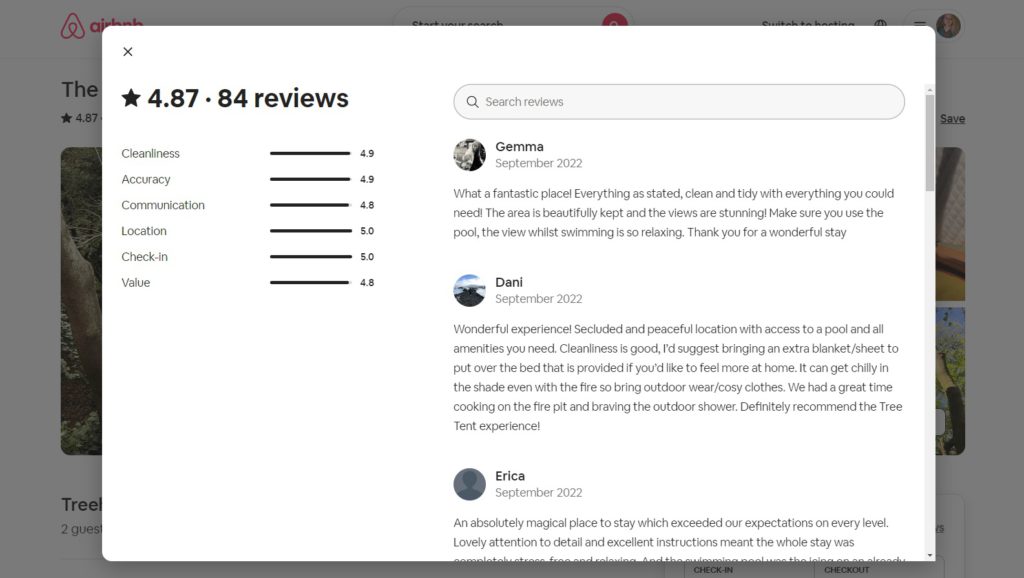 A screenshot of Airbnb reviews