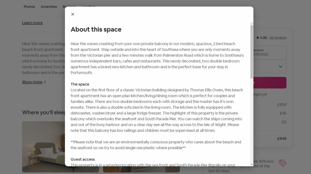 A screenshot of a detailed description on Airbnb